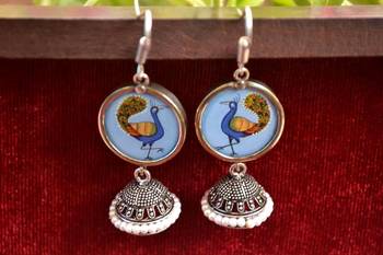 Handpainted Designer Silver Disc Earrings with Jhumka in Bottom 3