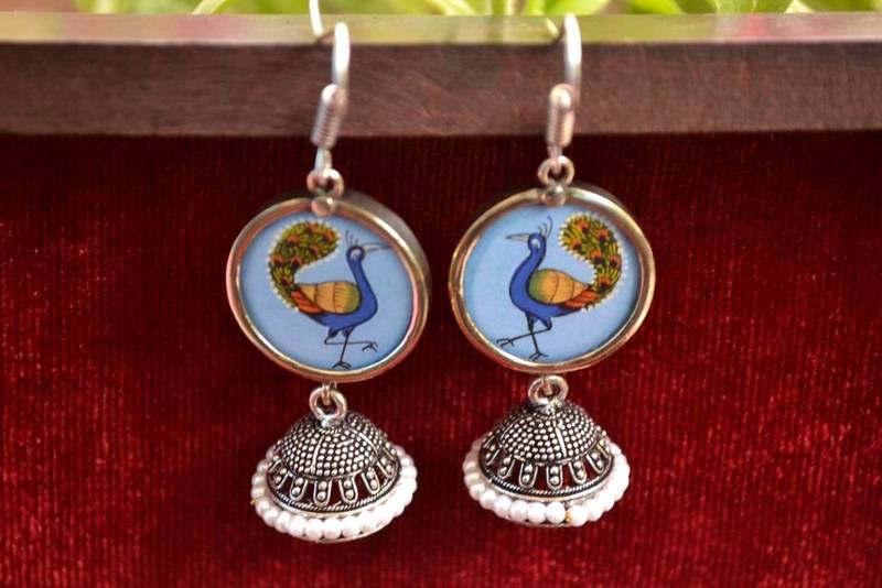 Handpainted Designer Silver Disc Earrings with Jhumka in Bottom