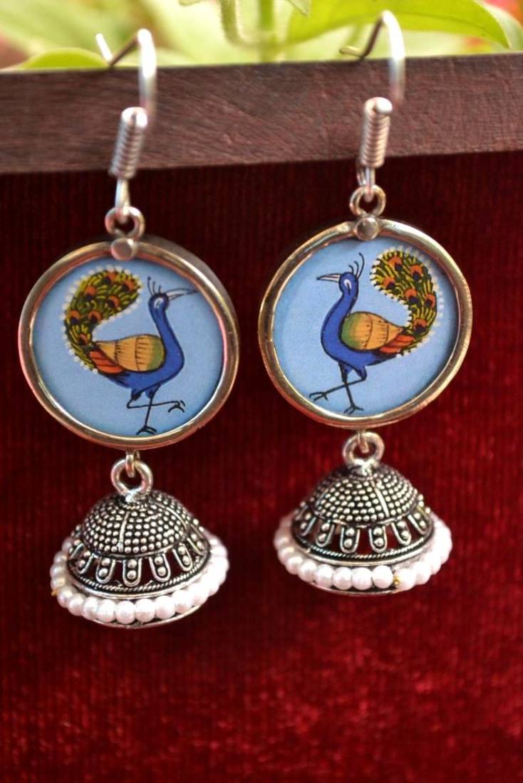 Handpainted Designer Silver Disc Earrings with Jhumka in Bottom