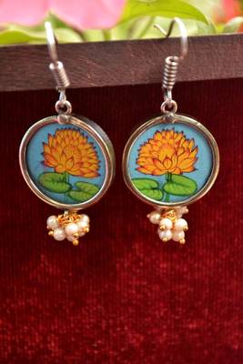 Handpainted Designer Silver Disc Earrings with Pearls in Bottom 1