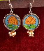 Handpainted Designer Silver Disc Earrings with Pearls in Bottom