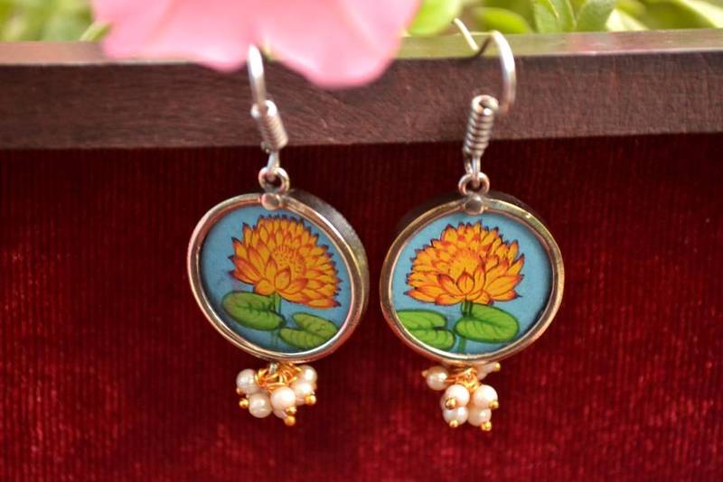 Handpainted Designer Silver Disc Earrings with Pearls in Bottom