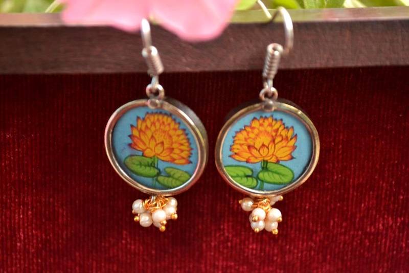 Handpainted Designer Silver Disc Earrings with Pearls in Bottom