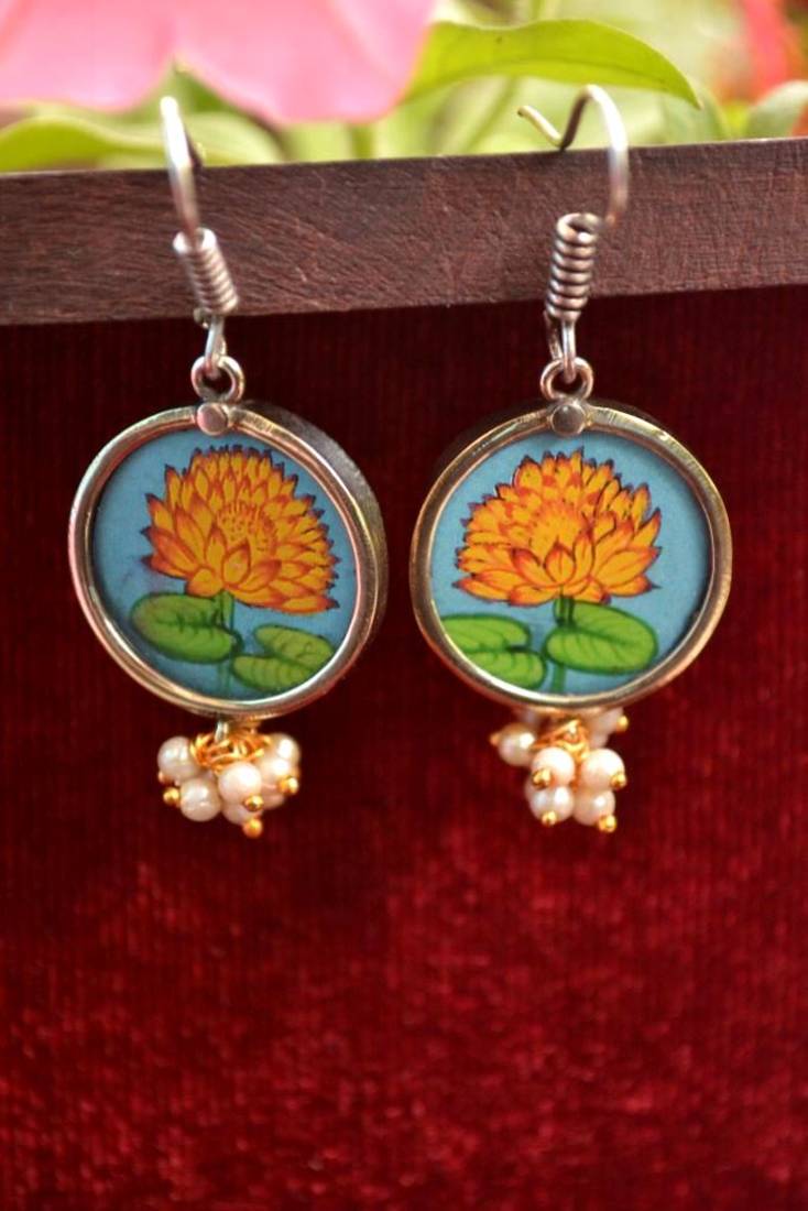 Handpainted Designer Silver Disc Earrings with Pearls in Bottom