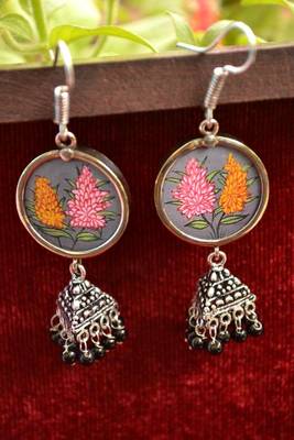 Handpainted Designer Silver Disc Earrings with Jhumka in Bottom 1