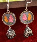 Handpainted Designer Silver Disc Earrings with Jhumka in Bottom