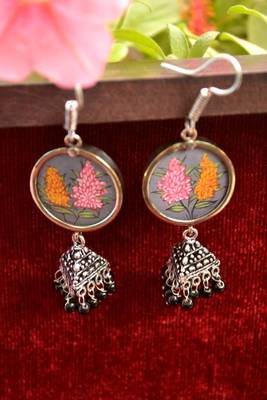 Handpainted Designer Silver Disc Earrings with Jhumka in Bottom 2