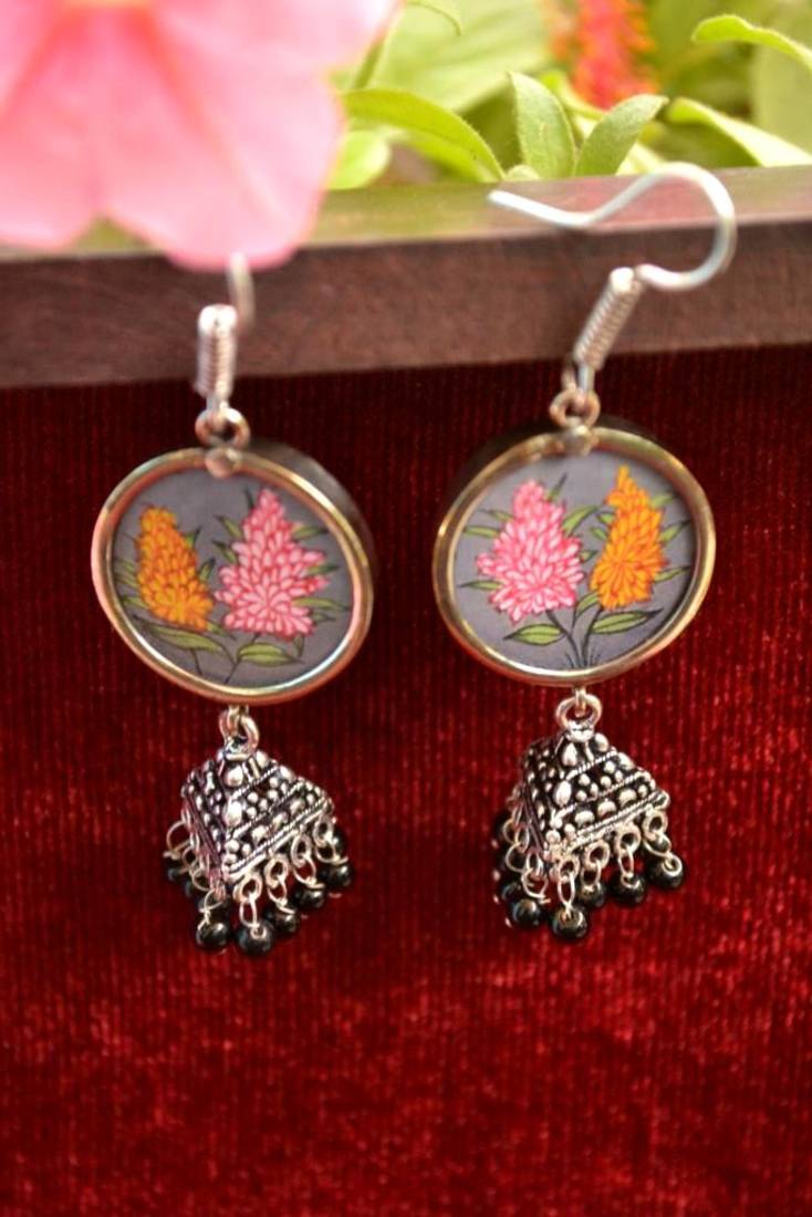 Handpainted Designer Silver Disc Earrings with Jhumka in Bottom