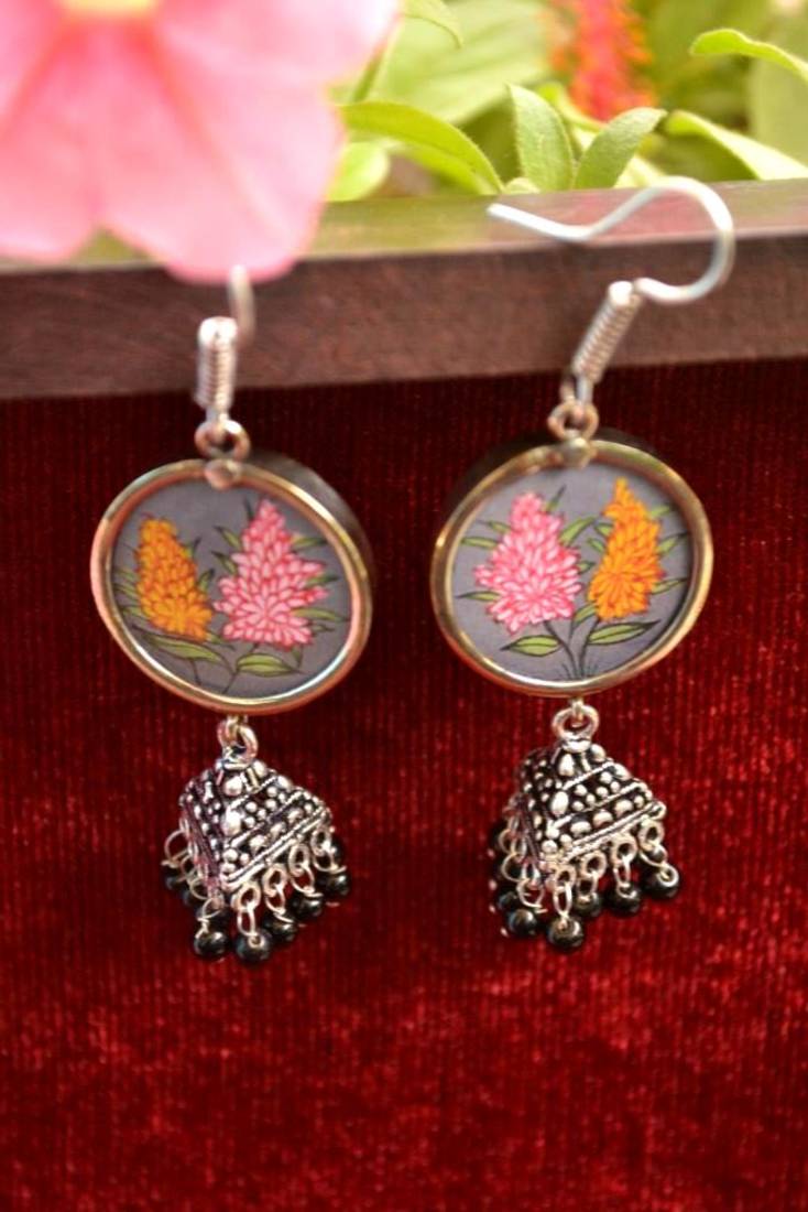 Handpainted Designer Silver Disc Earrings with Jhumka in Bottom