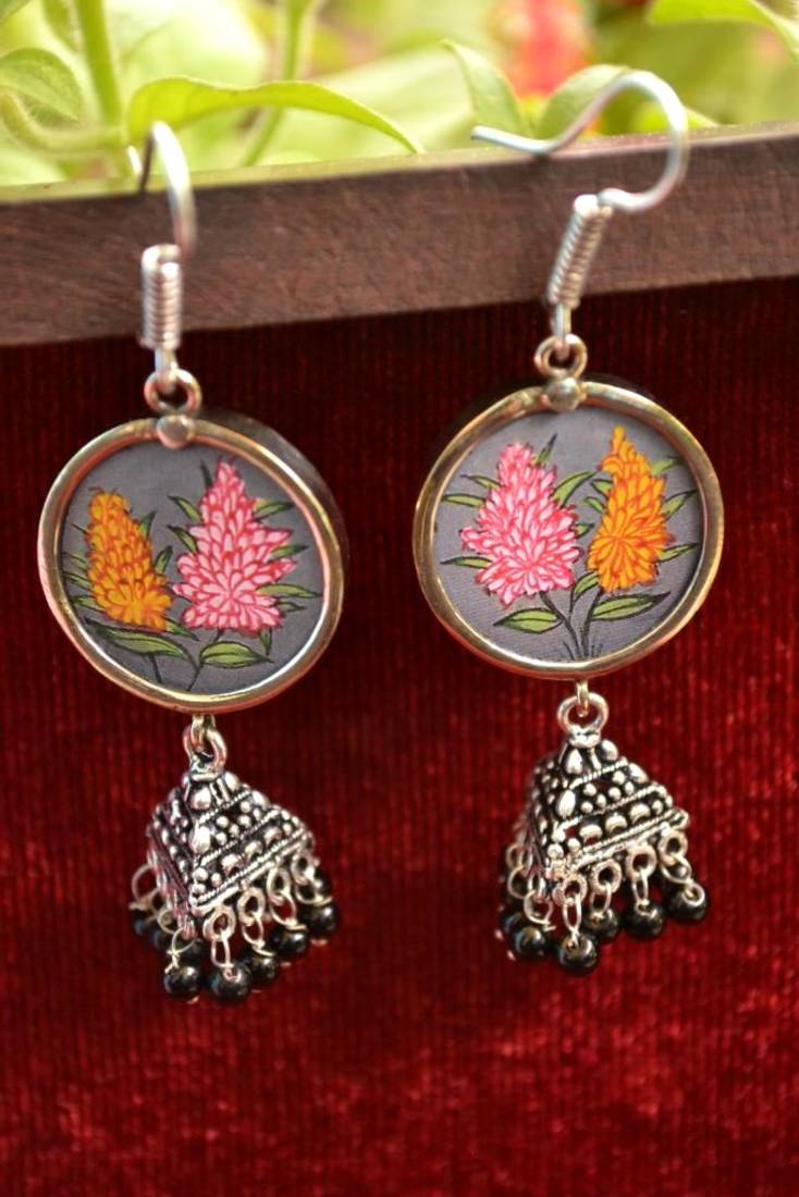 Handpainted Designer Silver Disc Earrings with Jhumka in Bottom