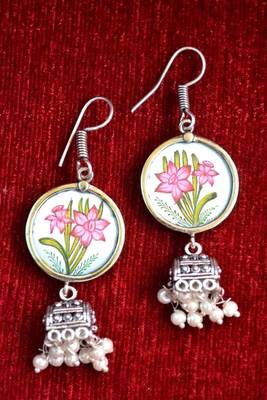 Handpainted Designer Silver Disc Earrings with Jhumka in Bottom 1