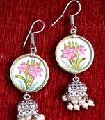 Handpainted Designer Silver Disc Earrings with Jhumka in Bottom