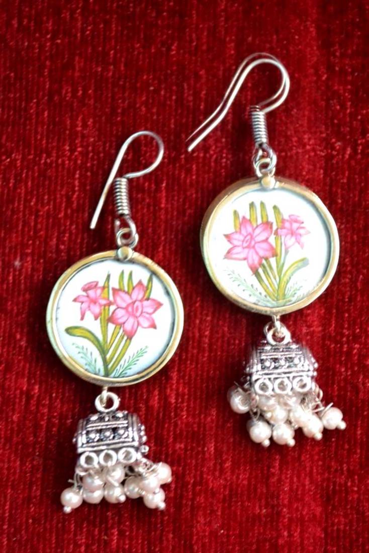 Handpainted Designer Silver Disc Earrings with Jhumka in Bottom