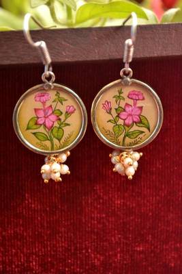 Handpainted Designer Silver Disc Earrings with Pearls in Bottom 1