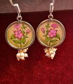 Handpainted Designer Silver Disc Earrings with Pearls in Bottom
