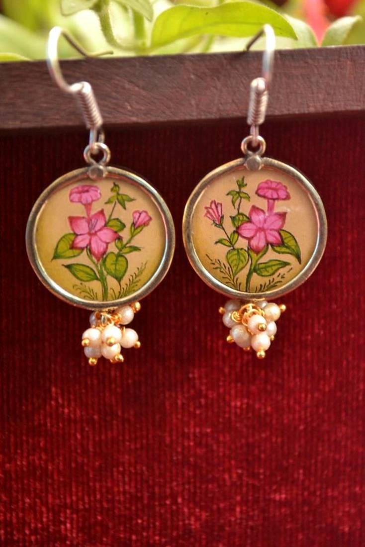 Handpainted Designer Silver Disc Earrings with Pearls in Bottom