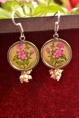 Handpainted Designer Silver Disc Earrings with Pearls in Bottom 2