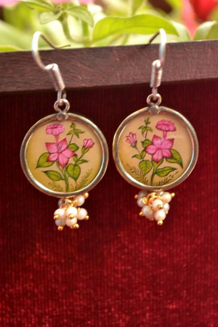 Handpainted Designer Silver Disc Earrings with Pearls in Bottom