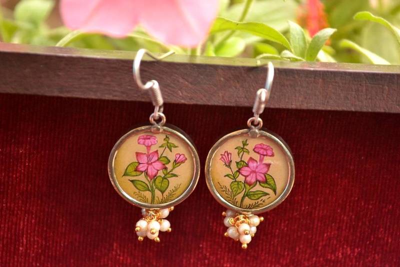 Handpainted Designer Silver Disc Earrings with Pearls in Bottom
