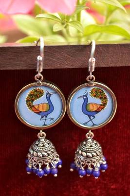 Handpainted Designer Silver Disc Earrings with Jhumka in Bottom 1