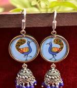 Handpainted Designer Silver Disc Earrings with Jhumka in Bottom
