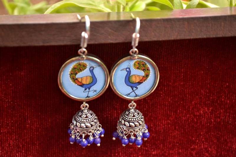 Handpainted Designer Silver Disc Earrings with Jhumka in Bottom