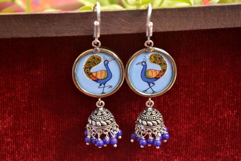 Handpainted Designer Silver Disc Earrings with Jhumka in Bottom