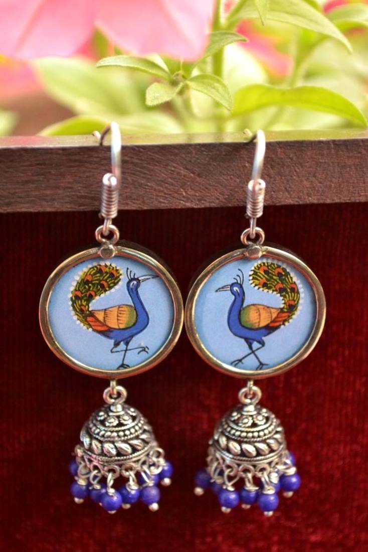 Handpainted Designer Silver Disc Earrings with Jhumka in Bottom