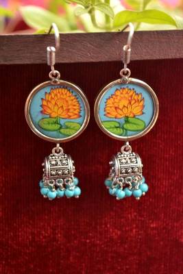 Handpainted Designer Silver Disc Earrings with Jhumka in Bottom 1