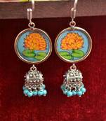 Handpainted Designer Silver Disc Earrings with Jhumka in Bottom