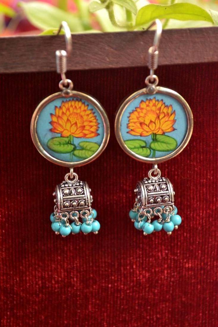 Handpainted Designer Silver Disc Earrings with Jhumka in Bottom
