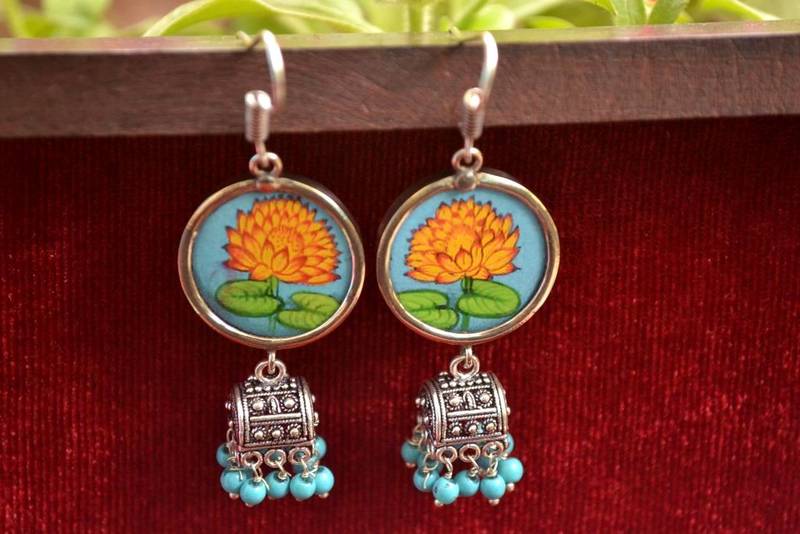 Handpainted Designer Silver Disc Earrings with Jhumka in Bottom