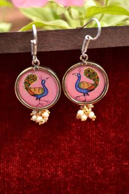 Handpainted Designer Silver Disc Earrings with Pearls in Bottom 1