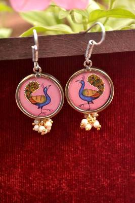 Handpainted Designer Silver Disc Earrings with Pearls in Bottom 2