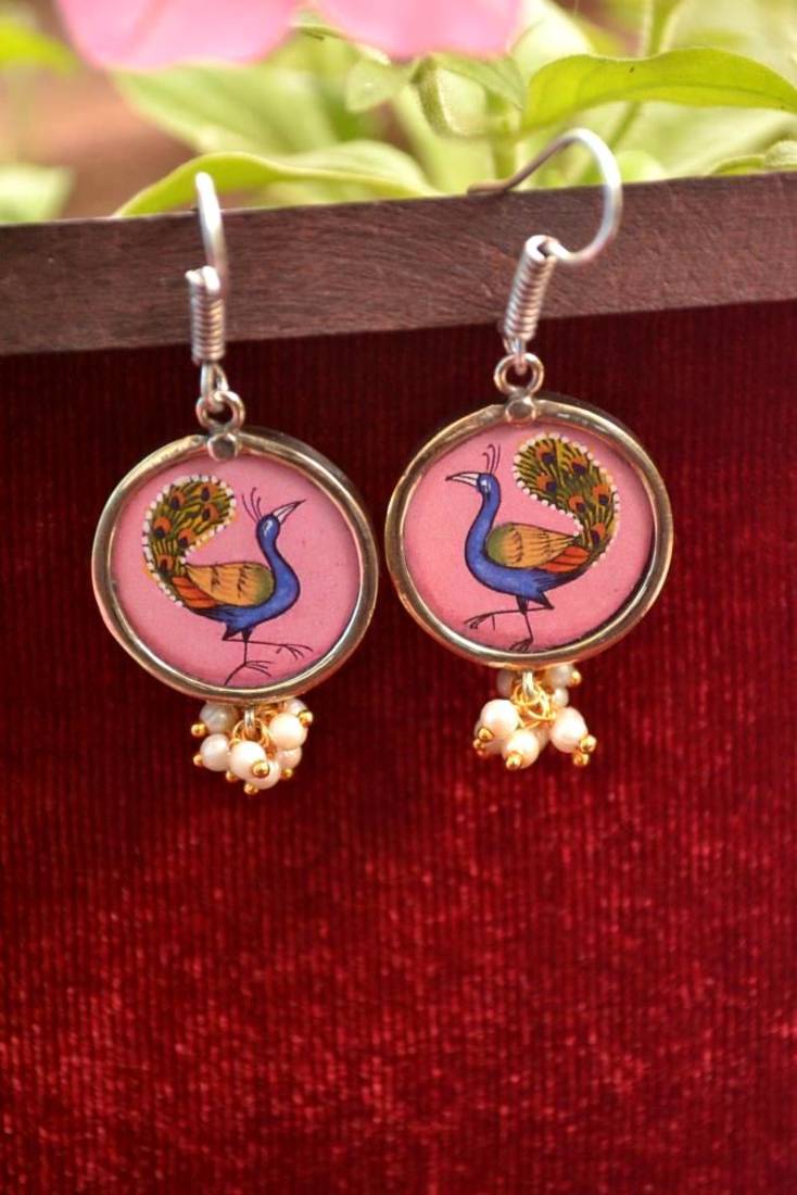 Handpainted Designer Silver Disc Earrings with Pearls in Bottom