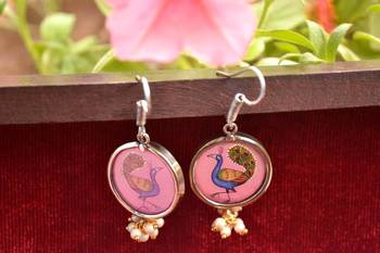 Handpainted Designer Silver Disc Earrings with Pearls in Bottom 3