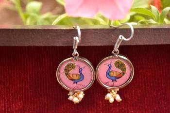 Handpainted Designer Silver Disc Earrings with Pearls in Bottom 4