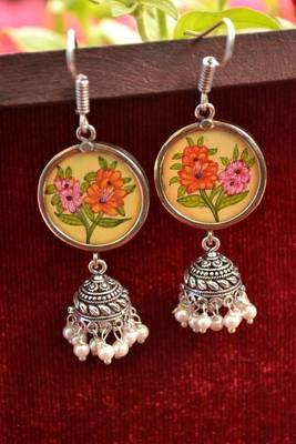 Handpainted Designer Silver Disc Earrings with Jhumka in Bottom 1