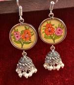 Handpainted Designer Silver Disc Earrings with Jhumka in Bottom