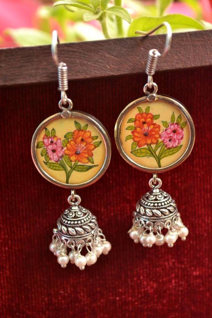 Handpainted Designer Silver Disc Earrings with Jhumka in Bottom
