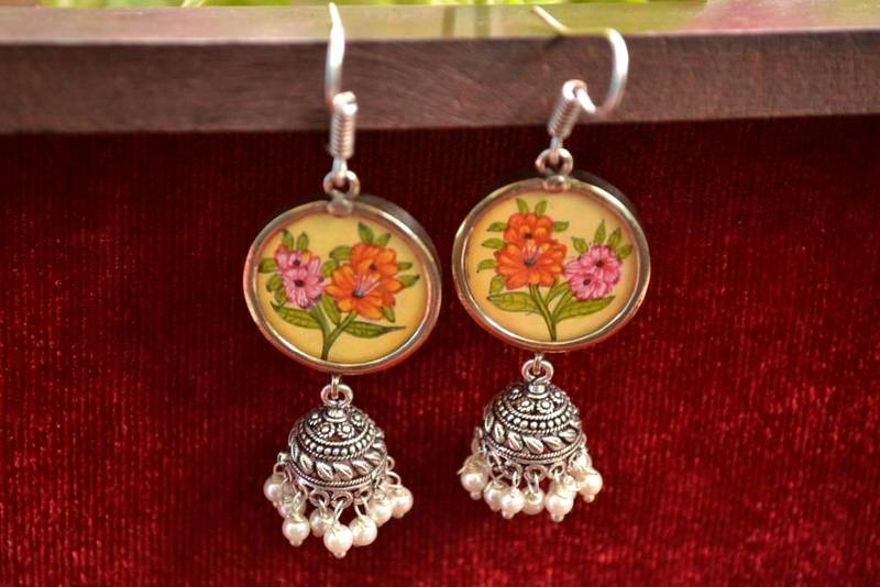 Handpainted Designer Silver Disc Earrings with Jhumka in Bottom