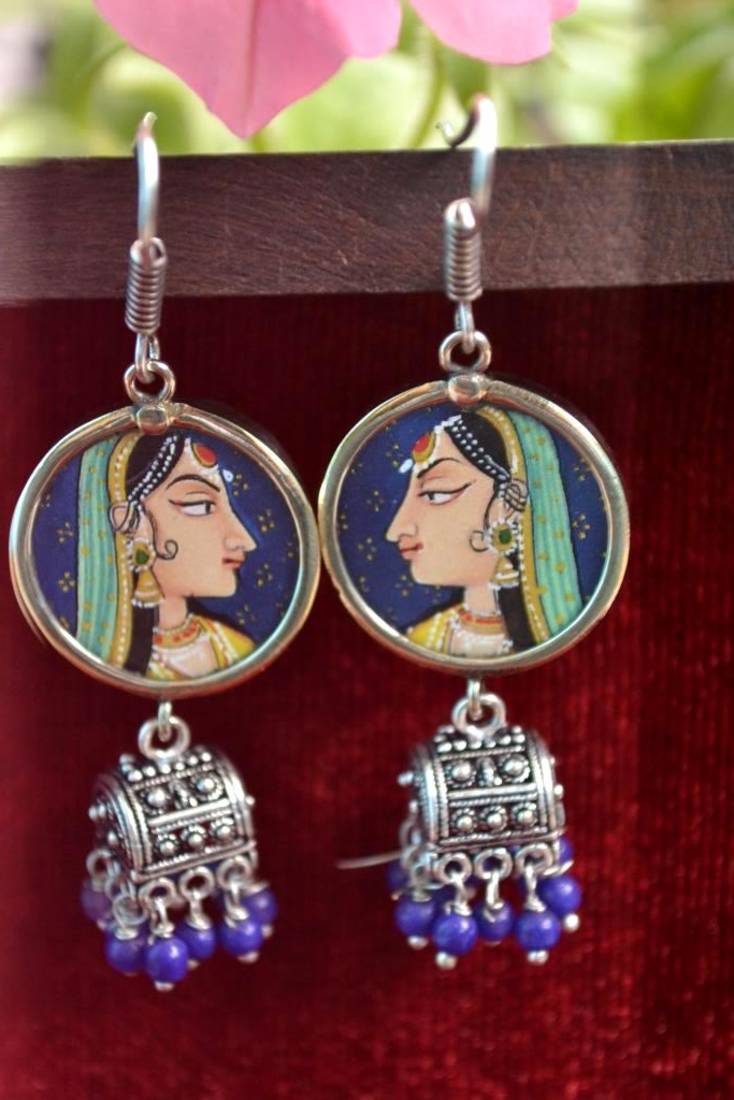 Handpainted Designer Silver Disc Earrings with Jhumka in Bottom