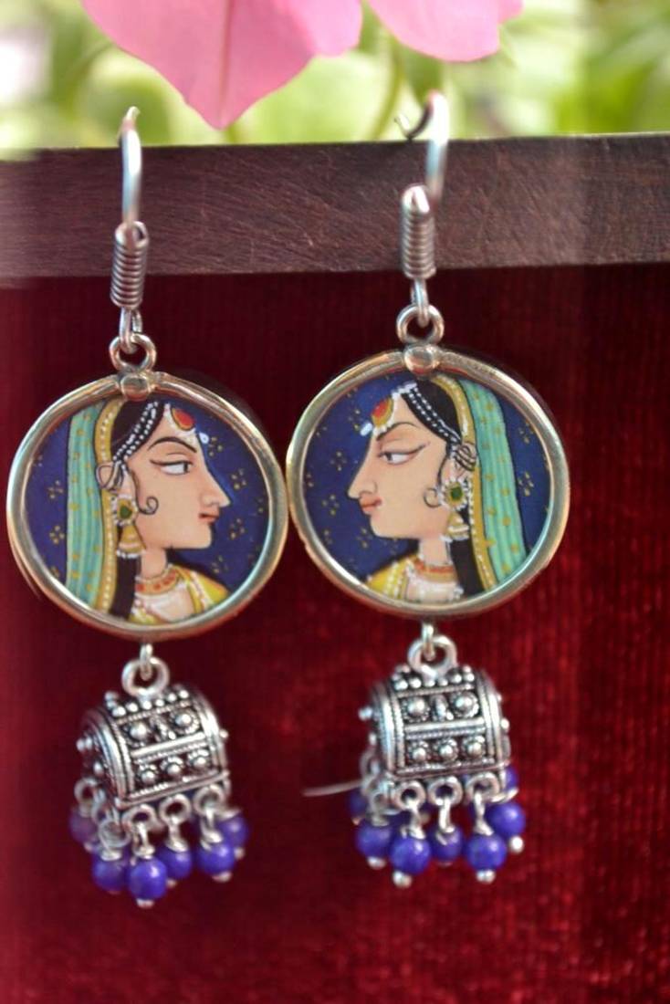 Handpainted Designer Silver Disc Earrings with Jhumka in Bottom