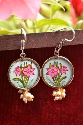 Handpainted Designer Silver Disc Earrings with Pearls in Bottom 1