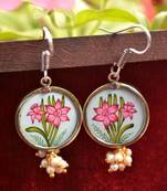 Handpainted Designer Silver Disc Earrings with Pearls in Bottom
