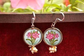 Handpainted Designer Silver Disc Earrings with Pearls in Bottom 2