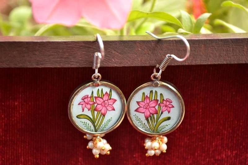 Handpainted Designer Silver Disc Earrings with Pearls in Bottom