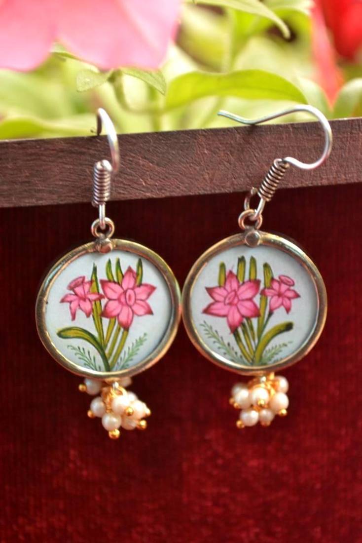 Handpainted Designer Silver Disc Earrings with Pearls in Bottom