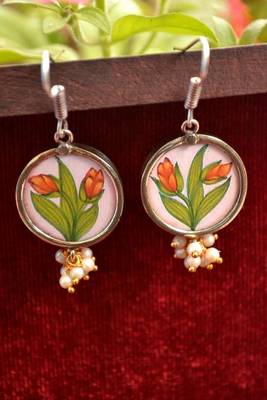Handpainted Designer Silver Disc Earrings with Pearls in Bottom 1