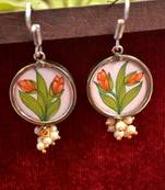 Handpainted Designer Silver Disc Earrings with Pearls in Bottom